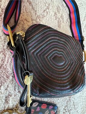 Fossil Rainbow Stitch Leather Crossbody Bag + Lips Card Holder Keychain set
